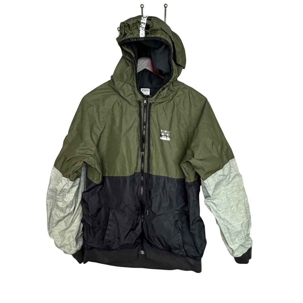 Victoria's Secret PINK Windbreaker Jacket Colorblock Olive Green‎ Gray Medium M